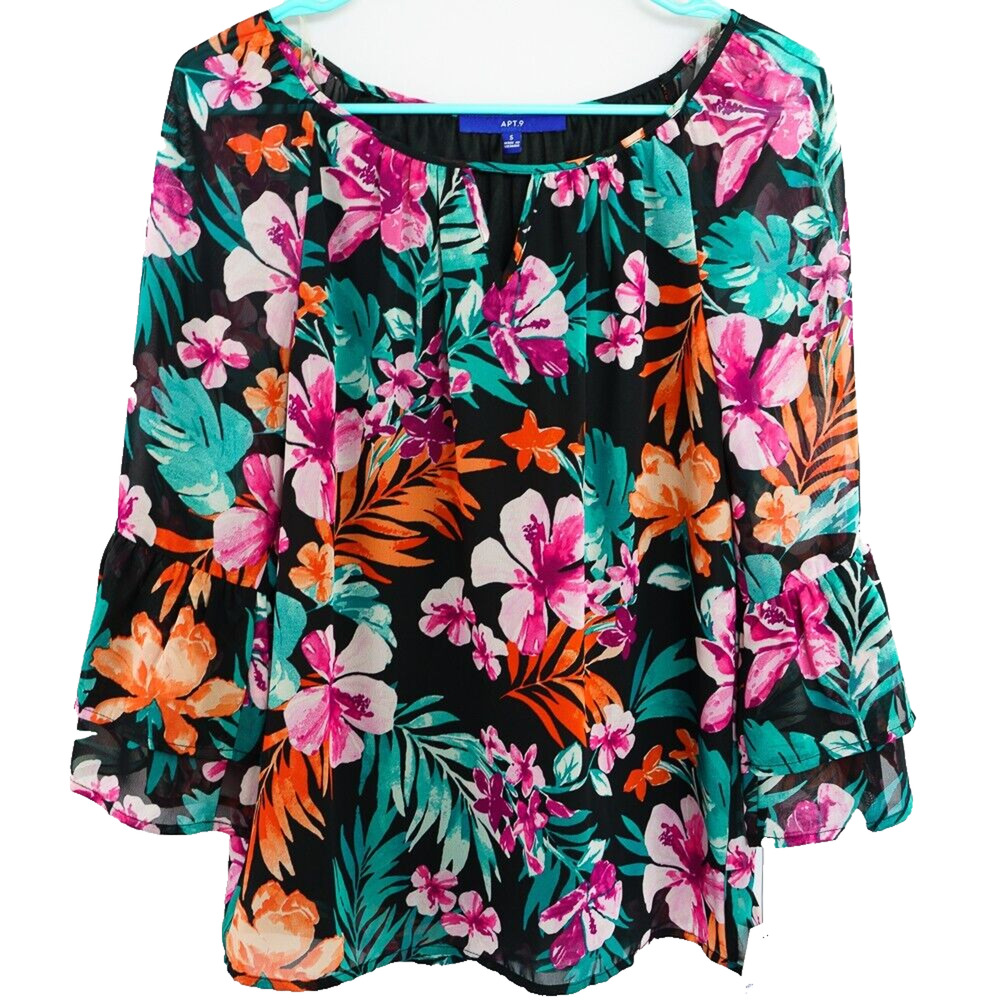 Apt 9 Top Womens Small Multi-Color Shirt Floral 3/4 Flared Sleeve BoHo Beach NEW